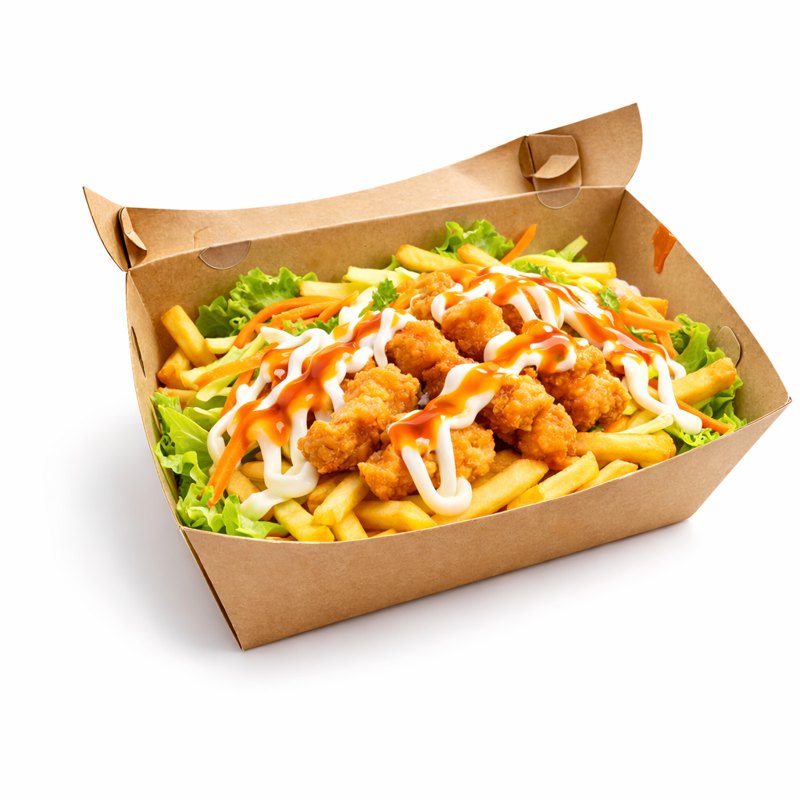 Crunchmix Box: ayam crispy, kentang goreng, dan sayuran dengan saus
