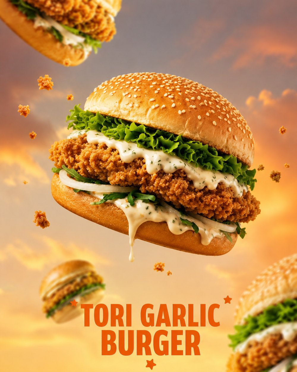 Tori Garlic Burger: ayam crispy, saus garlic, selada, dan bawang bombay